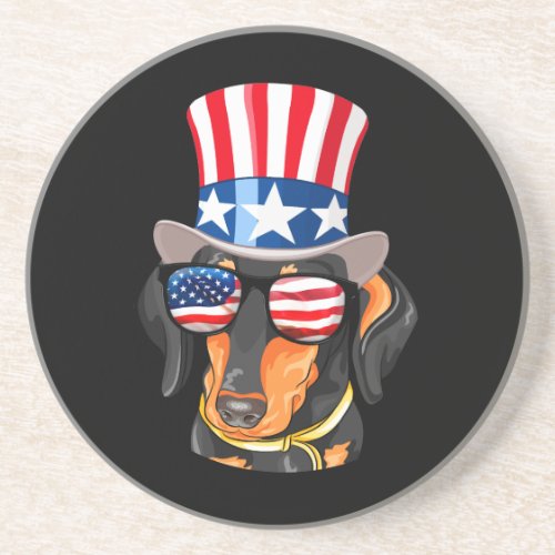 Dachshund Dog American Flag Hat Glasses Coaster