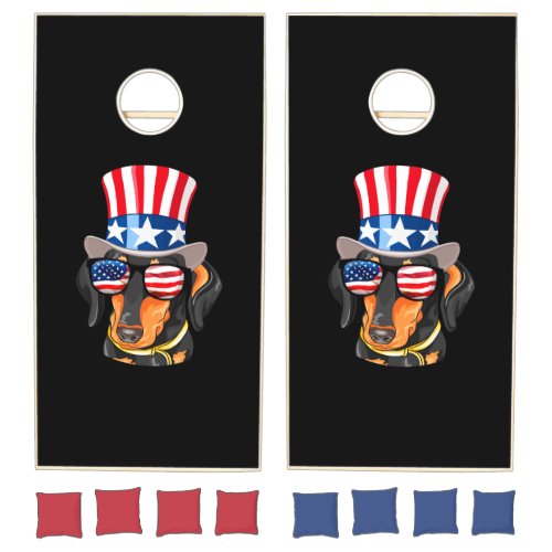 Dachshund Dog American Flag Hat Glasses Cornhole Set