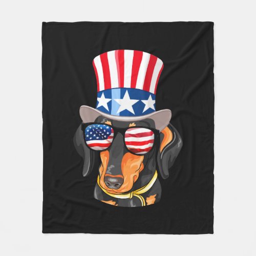 Dachshund Dog American Flag Hat Glasses Fleece Blanket