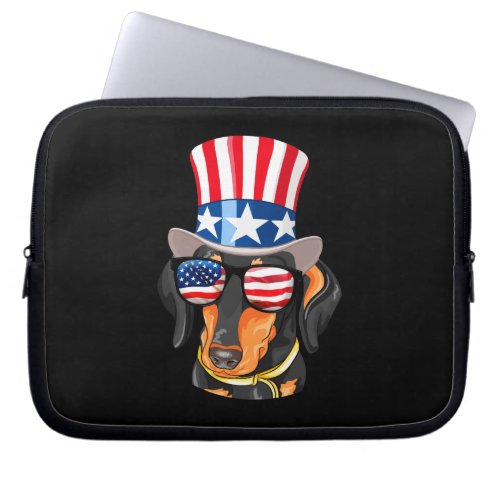 Dachshund Dog American Flag Hat Glasses Laptop Sleeve