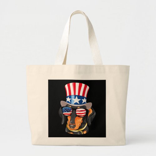 Dachshund Dog American Flag Hat Glasses Large Tote Bag