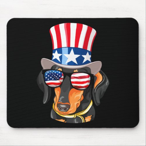 Dachshund Dog American Flag Hat Glasses Mouse Pad