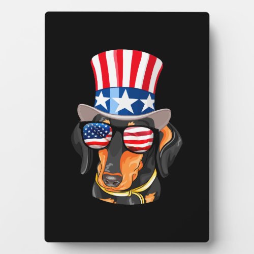 Dachshund Dog American Flag Hat Glasses Plaque