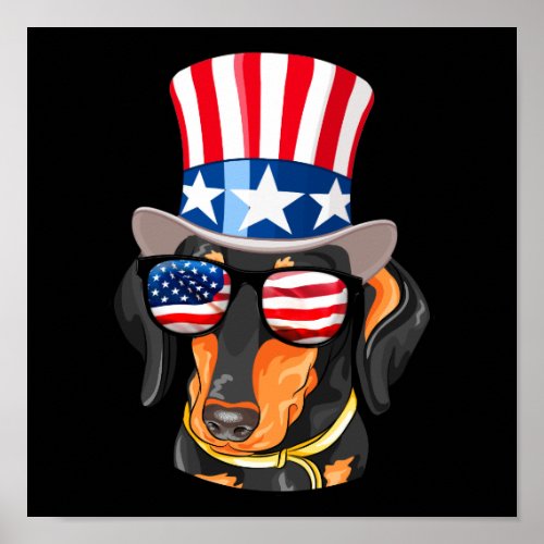 Dachshund Dog American Flag Hat Glasses Poster