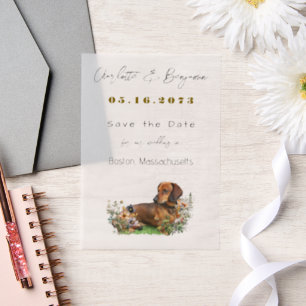 Dachshund Dog and Wildflowers Save the Date Vellum Invitations