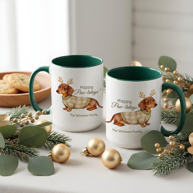 Dachshund Dog Antlers Christmas Checkered Sweater  Mug (Dachshund Dog Antlers Christmas Checkered Sweater Mug)