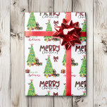 Dachshund Dog, Bird and Christmas Tree Wrapping Paper<br><div class="desc">The repeated pattern on this cute Christmas wrapping paper is an image of an adorable Dachshund Dog wearing a red and white Santa hat. The dog sits among brightly wrapped gift packages beside a decorated Christmas tree. A bullfinch bird is landing on the tree behind it. Stylized red and black...</div>