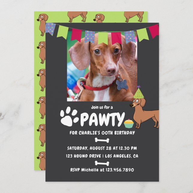 Dachshund Dog Birthday photo invitation (Front/Back)