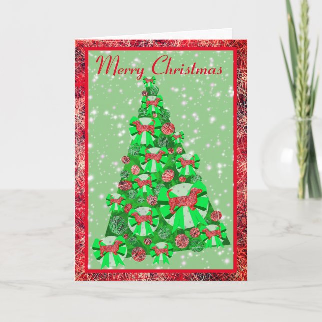 Dachshund Dog Breed Bow Silhouette Christmas Tree Card (Front)