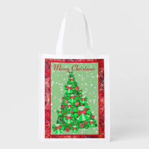 Dachshund Dog Breed Bow Silhouette Christmas Tree Grocery Bag