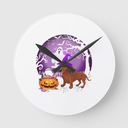 Dachshund Dog Candy Pumpkin Halloween Lover Round Clock