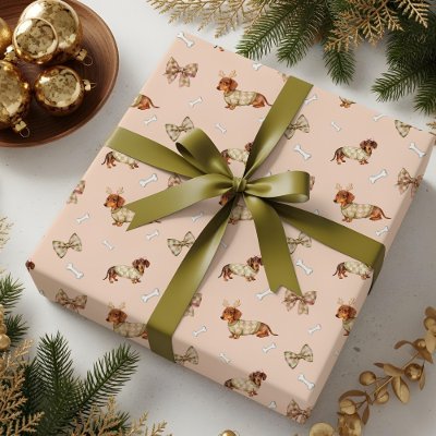 Dachshund Dog Christmas Checkerboard Sweater Bow Wrapping Paper