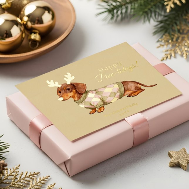 Dachshund Dog Christmas Checkered Sweater Photo Foil Holiday Card (Dachshund Dog Christmas Checkered Sweater Photo Foil Holiday Card)