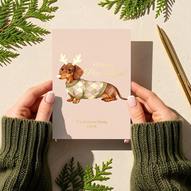 Dachshund Dog Christmas Checkered Sweater Photo Foil Holiday Card (Dachshund Dog Christmas Checkered Sweater Photo Foil Holiday Card)
