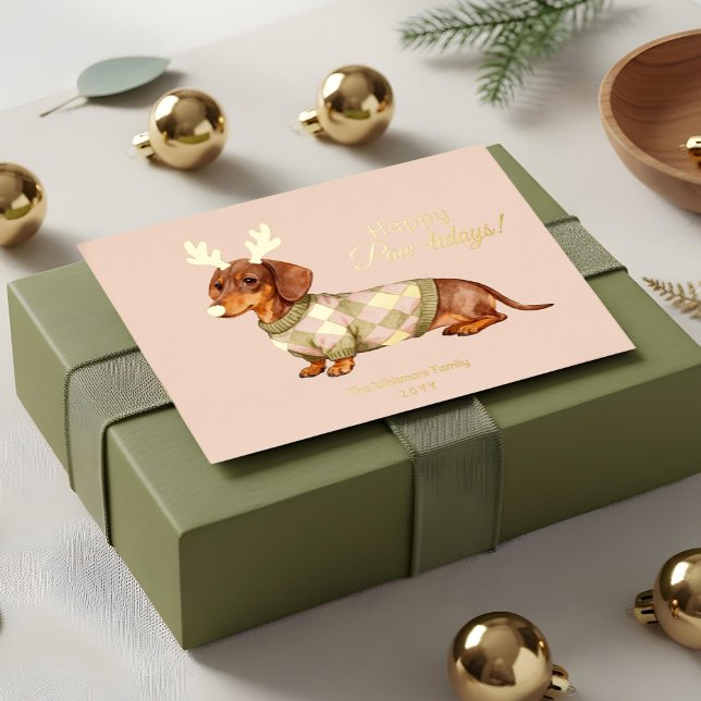 Dachshund Dog Christmas Checkered Sweater Photo Foil Holiday Card (Dachshund Dog Christmas Checkered Sweater Photo Foil Holiday Card)