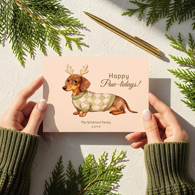 Dachshund Dog Christmas Checkered Sweater Photo Holiday Card (Dachshund Dog Christmas Checkered Sweater Photo Holiday Card)