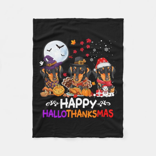 Dachshund Dog Christmas Happy Hallothankmas Thanks Fleece Blanket (Front)