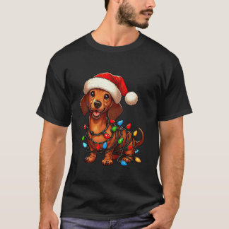 Dachshund Dog Christmas Lights Santa Hat Boys Girl T-Shirt