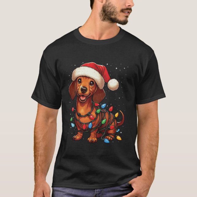 Dachshund Dog Christmas Lights Santa Hat Xmas Snow T-Shirt (Front)