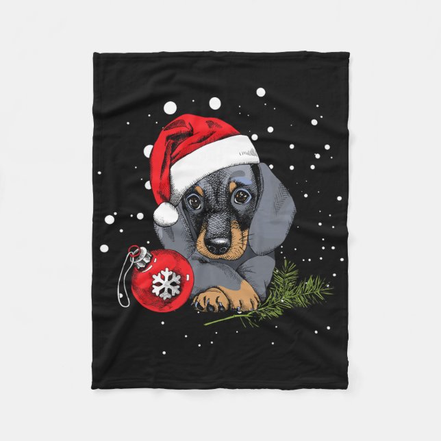 Dachshund Dog Christmas Tree Light Santa Xmas Gift Fleece Blanket (Front)