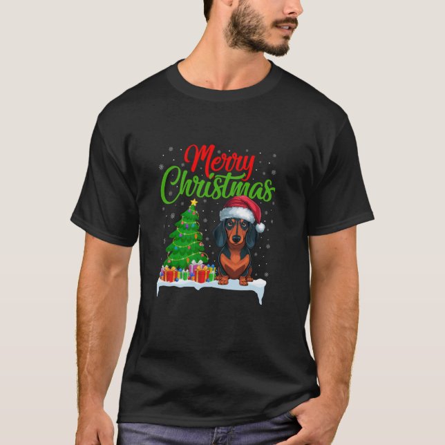 Dachshund Dog Christmas Tree Lights Xmas Dachshund T-Shirt (Front)