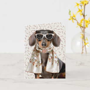 Dachshund Dog Cream Botanicals Monogrammed Card