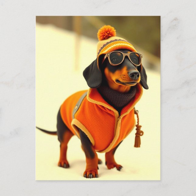 Dachshund Dog Dressed in Ski Wear Postcard (Front)