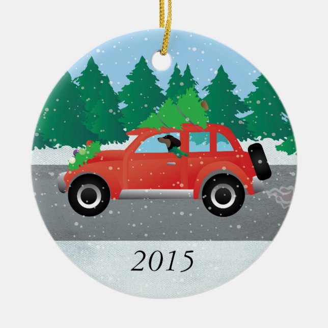 Dachshund Dog Driving Car - Christmas Tree on Top Ceramic Ornament (Front)