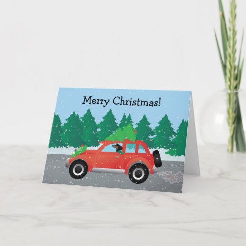 Dachshund Dog Driving Car _ Christmas Tree on Top Holiday Card