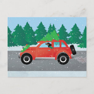 Dachshund Dog Driving Car - Christmas Tree on Top Holiday Postcard