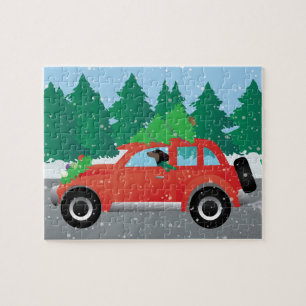 Dachshund Dog Driving Car - Christmas Tree on Top Jigsaw Puzzle
