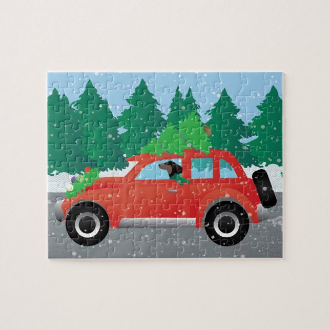 Dachshund Dog Driving Car - Christmas Tree on Top Jigsaw Puzzle (Horizontal)