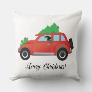 Dachshund Dog Driving Car - Christmas Tree on Top Throw Pillow