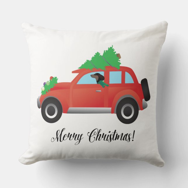 Dachshund Dog Driving Car - Christmas Tree on Top Throw Pillow (Front)