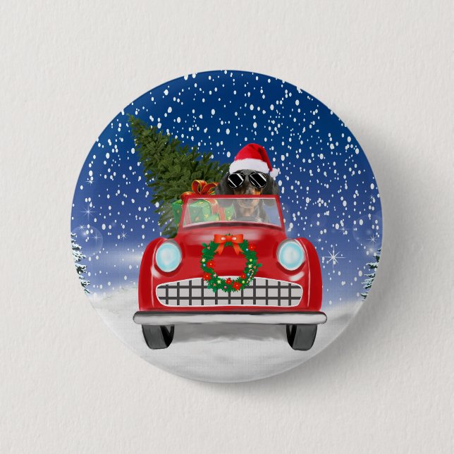 Dachshund Dog Driving Car In Snow Christmas  Button (Front)