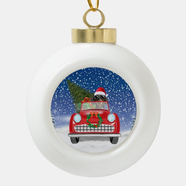 Dachshund Dog Driving Car In Snow Christmas  Ceramic Ball Christmas Ornament (Front)