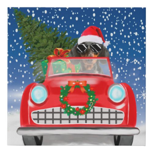 Dachshund Dog Driving Car In Snow Christmas Faux Canvas Print