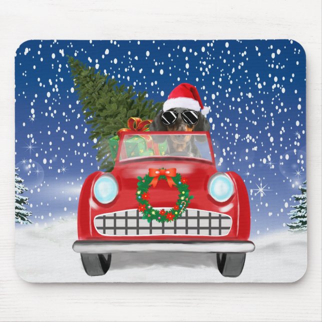 Dachshund Dog Driving Car In Snow Christmas  Mouse Pad (Front)