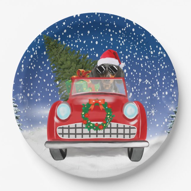 Dachshund Dog Driving Car In Snow Christmas Paper Plates (Front)