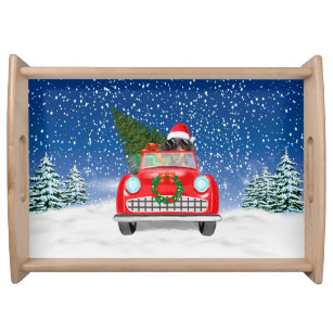Dachshund Dog Driving Car In Snow Christmas  Serving Tray