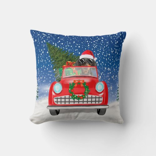 Dachshund Dog Driving Car In Snow Christmas Throw Pillow
