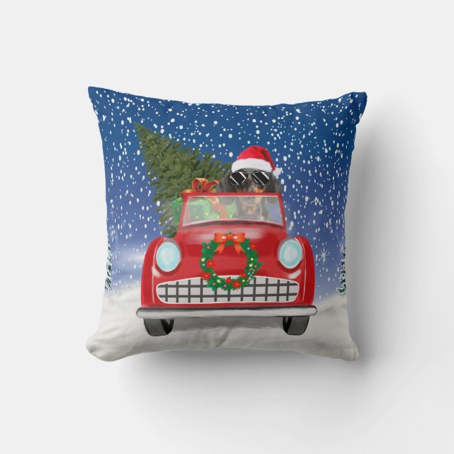 Dachshund Dog Driving Car In Snow Christmas Throw Pillow (Front)