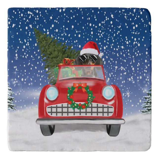 Dachshund Dog Driving Car In Snow Christmas  Trivet (Front)