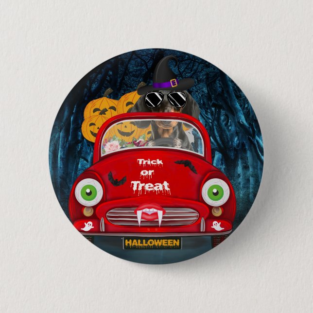 Dachshund Dog Driving Car Scary Halloween  Button (Front)