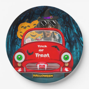 Dachshund Dog Driving Car Scary Halloween Paper Plates