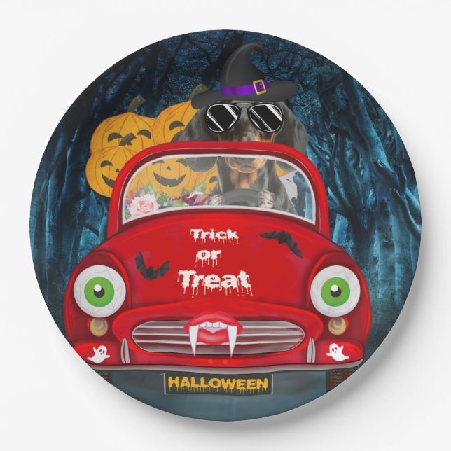 Dachshund Dog Driving Car Scary Halloween  Paper Plates (Front)