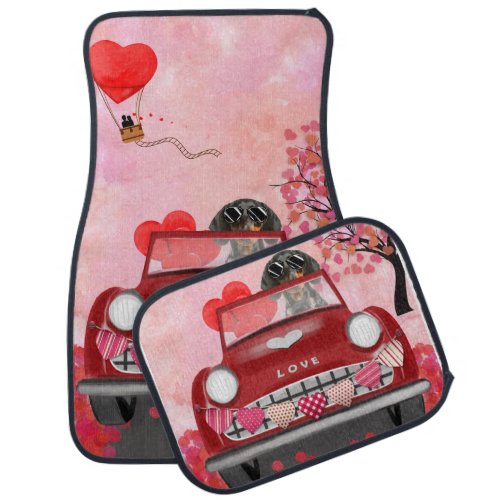 Dachshund Dog Driving Car with Hearts Valentines  Car Floor Mat