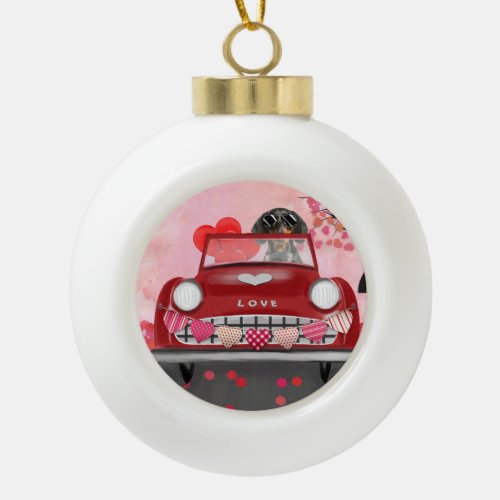 Dachshund Dog Driving Car with Hearts Valentines Ceramic Ball Christmas Ornament