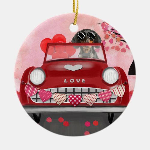 Dachshund Dog Driving Car with Hearts Valentines  Ceramic Ornament