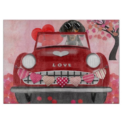 Dachshund Dog Driving Car with Hearts Valentines  Cutting Board